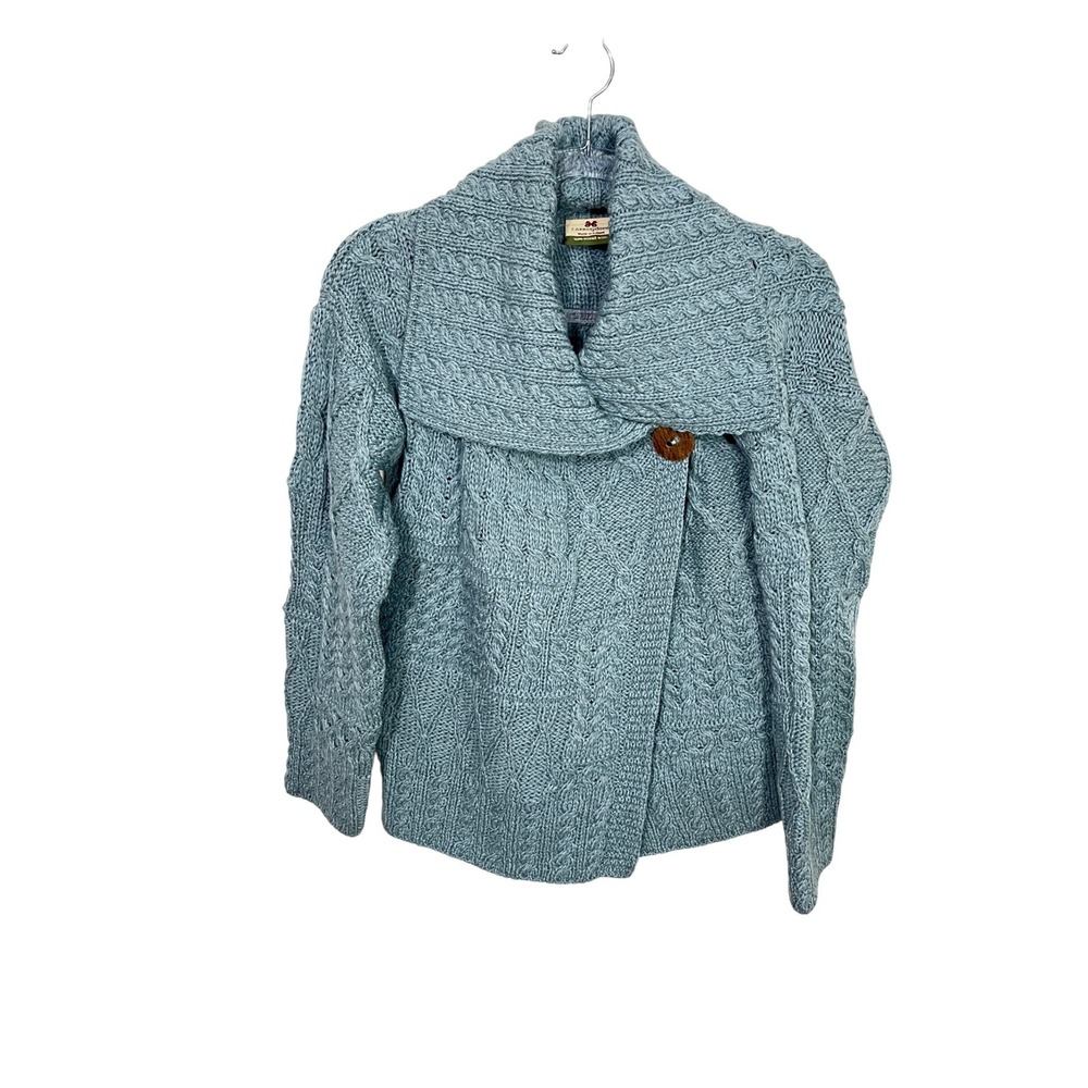 Carraig Donn Aran Cardigan Women S Blue 100% Merino Wool Asymmetric Button Wrap - Picture 2 of 5